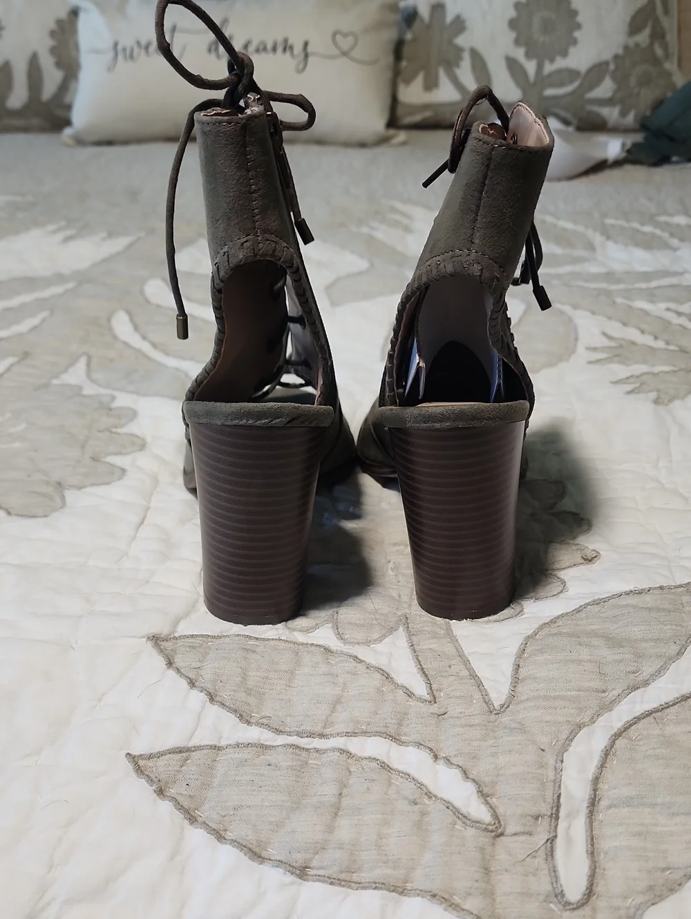 Mix No. 6 Olive Suede Lace-Up Peep-Toe Block Heel Bootie